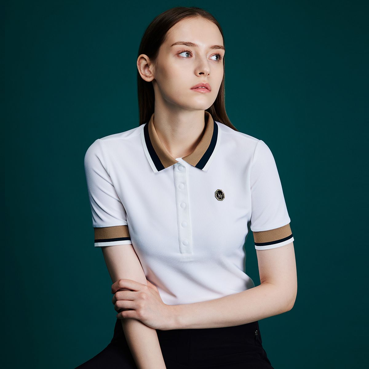 미스페라(MEASPHERA) WOMEN REGULAR-FIT RIBBED POLO SHIRT BLACK