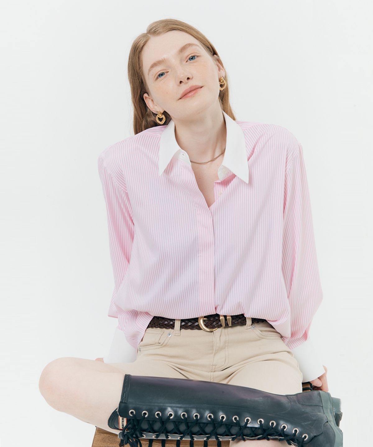 실른(SILN) Hidden button cuffs detail stripe shirt (PINK STRIPE)