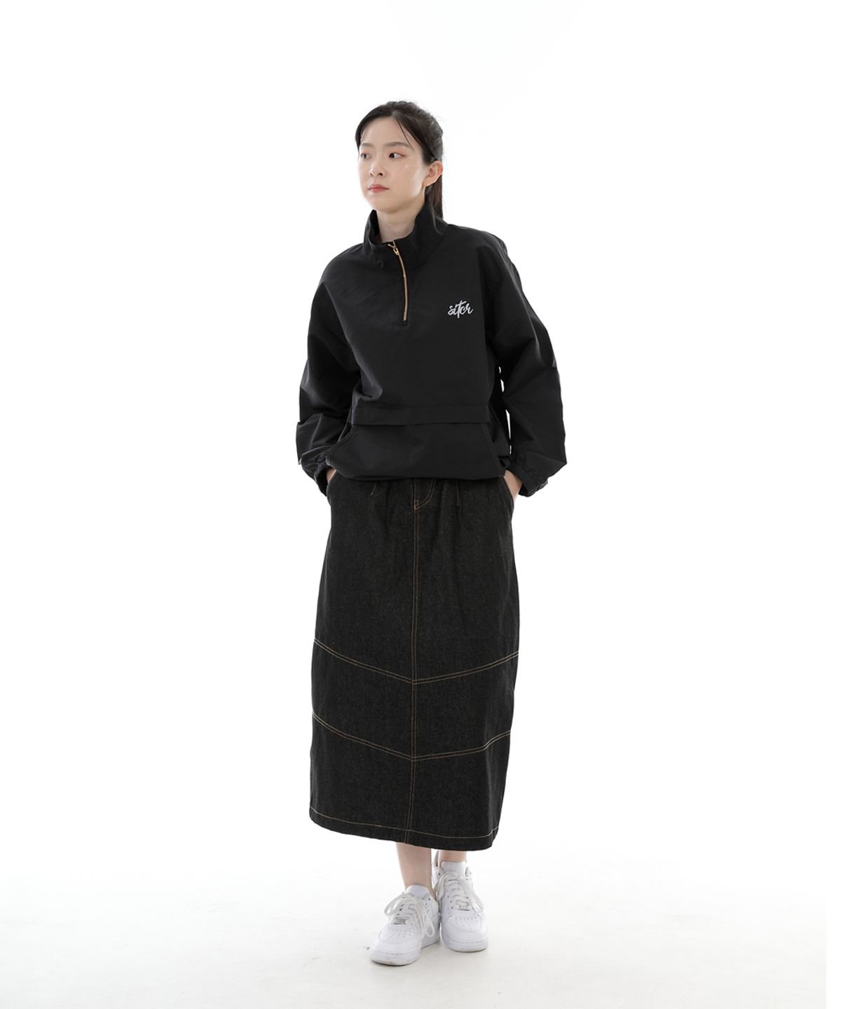 세인트크루(SAINTCREW) 와이드돔 하프밴드 롱스커트 WDH-1303 블랙 데님 BRS