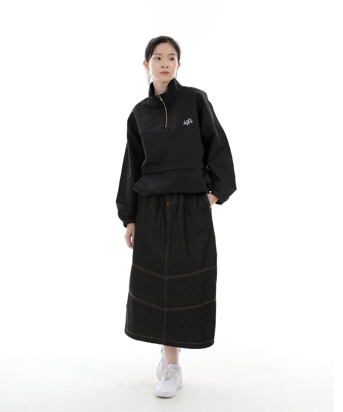 세인트크루(SAINTCREW) 와이드돔 하프밴드 롱스커트 WDH-1303 블랙 데님 BRS