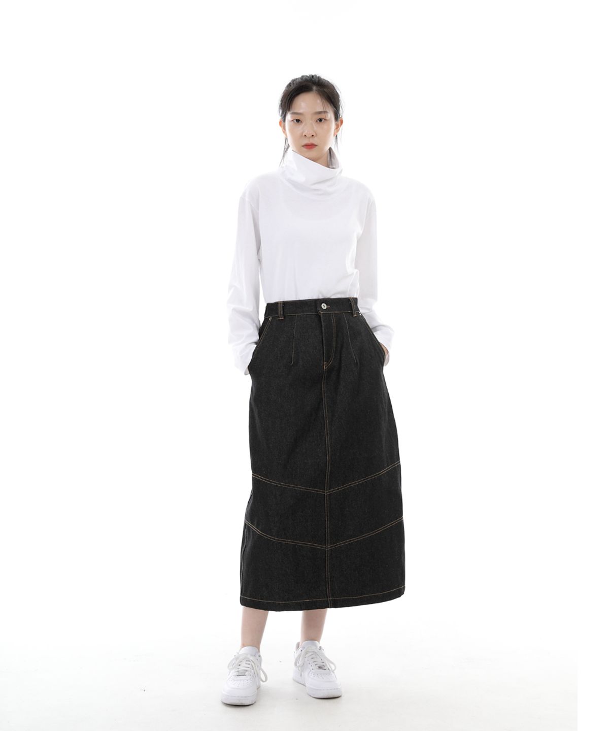세인트크루(SAINTCREW) 와이드돔 하프밴드 롱스커트 WDH-1303 블랙 데님 BRS
