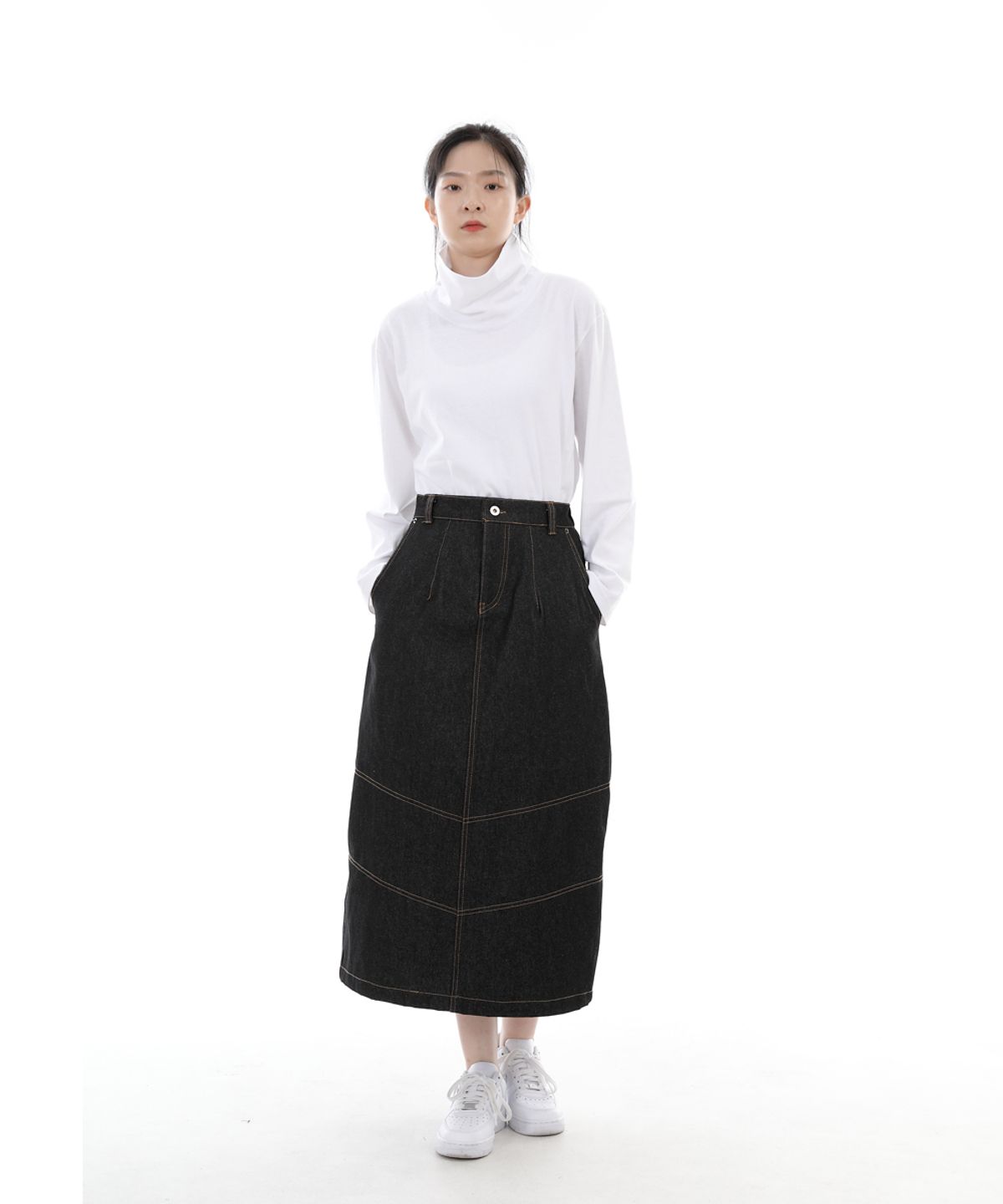 세인트크루(SAINTCREW) 와이드돔 하프밴드 롱스커트 WDH-1303 블랙 데님 BRS
