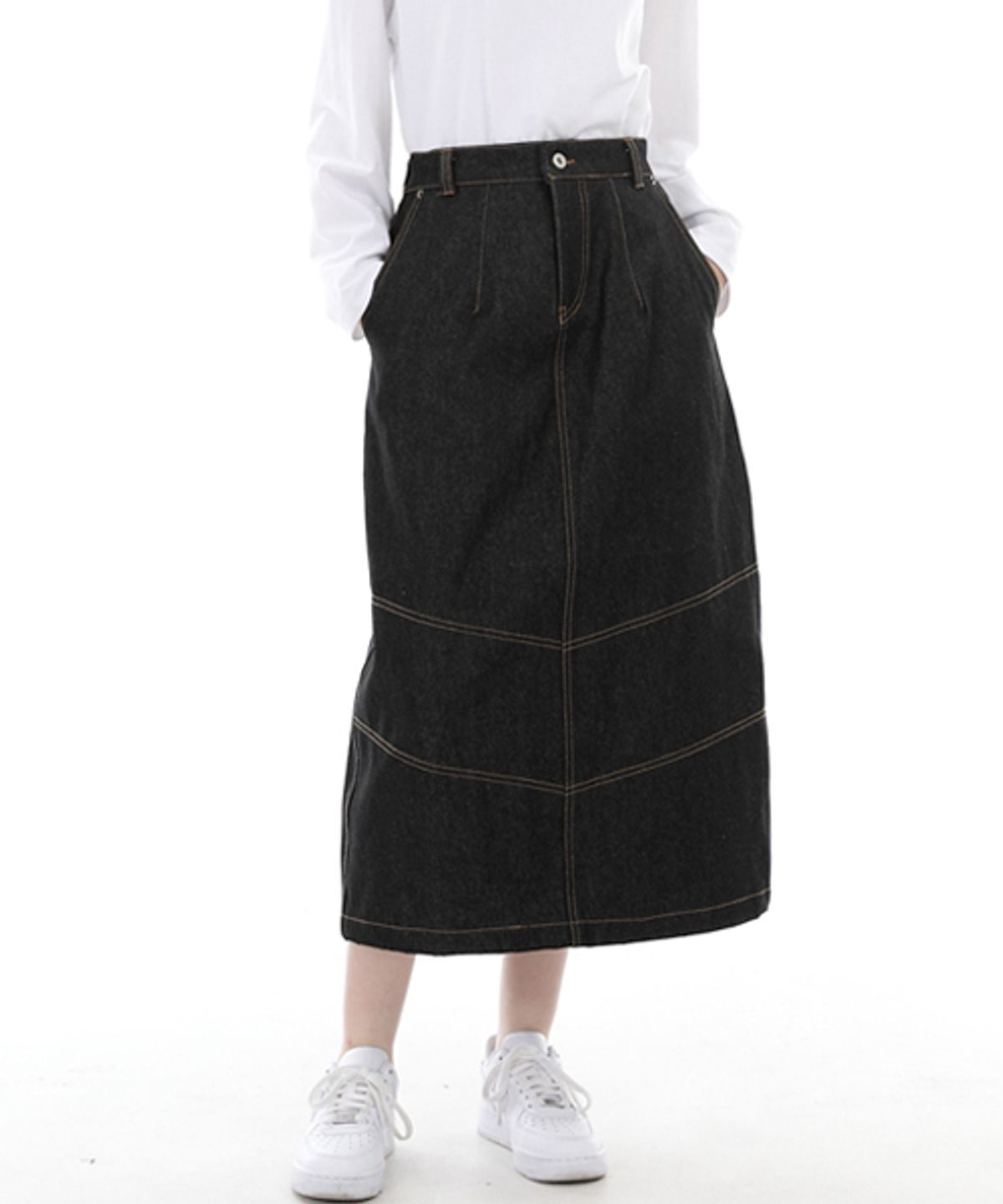 세인트크루(SAINTCREW) 와이드돔 하프밴드 롱스커트 WDH-1303 블랙 데님 BRS