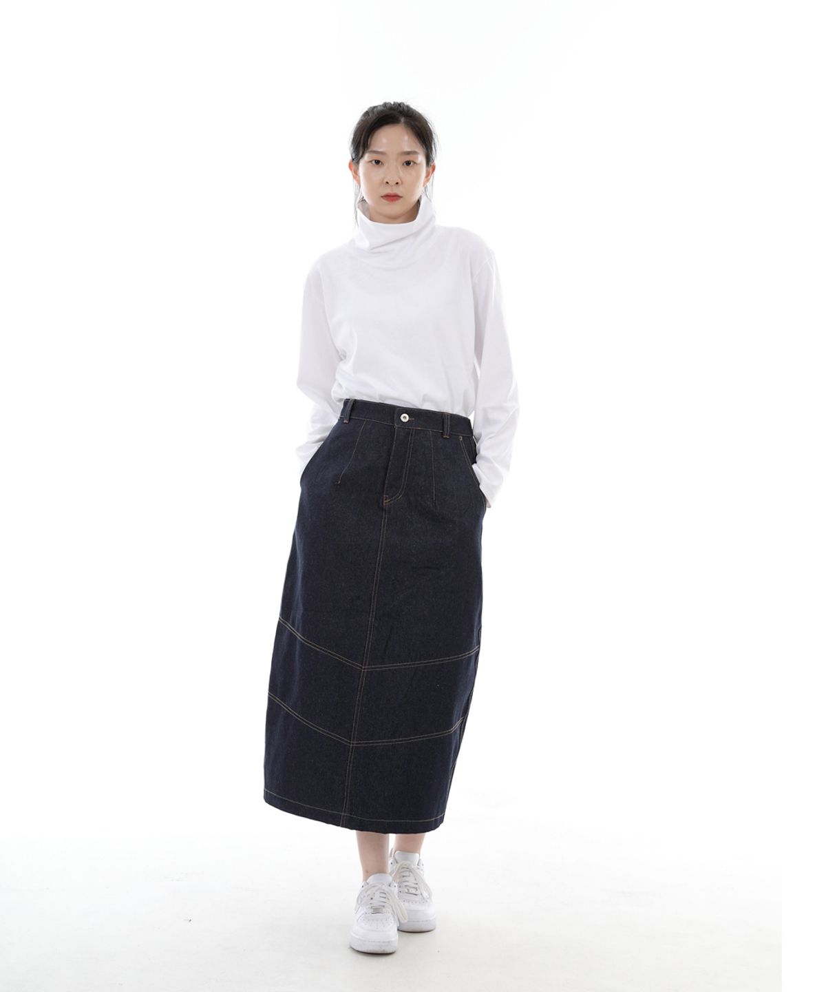 세인트크루(SAINTCREW) 와이드돔 하프밴드 롱스커트 WDH-1303 인디고 데님 BRS