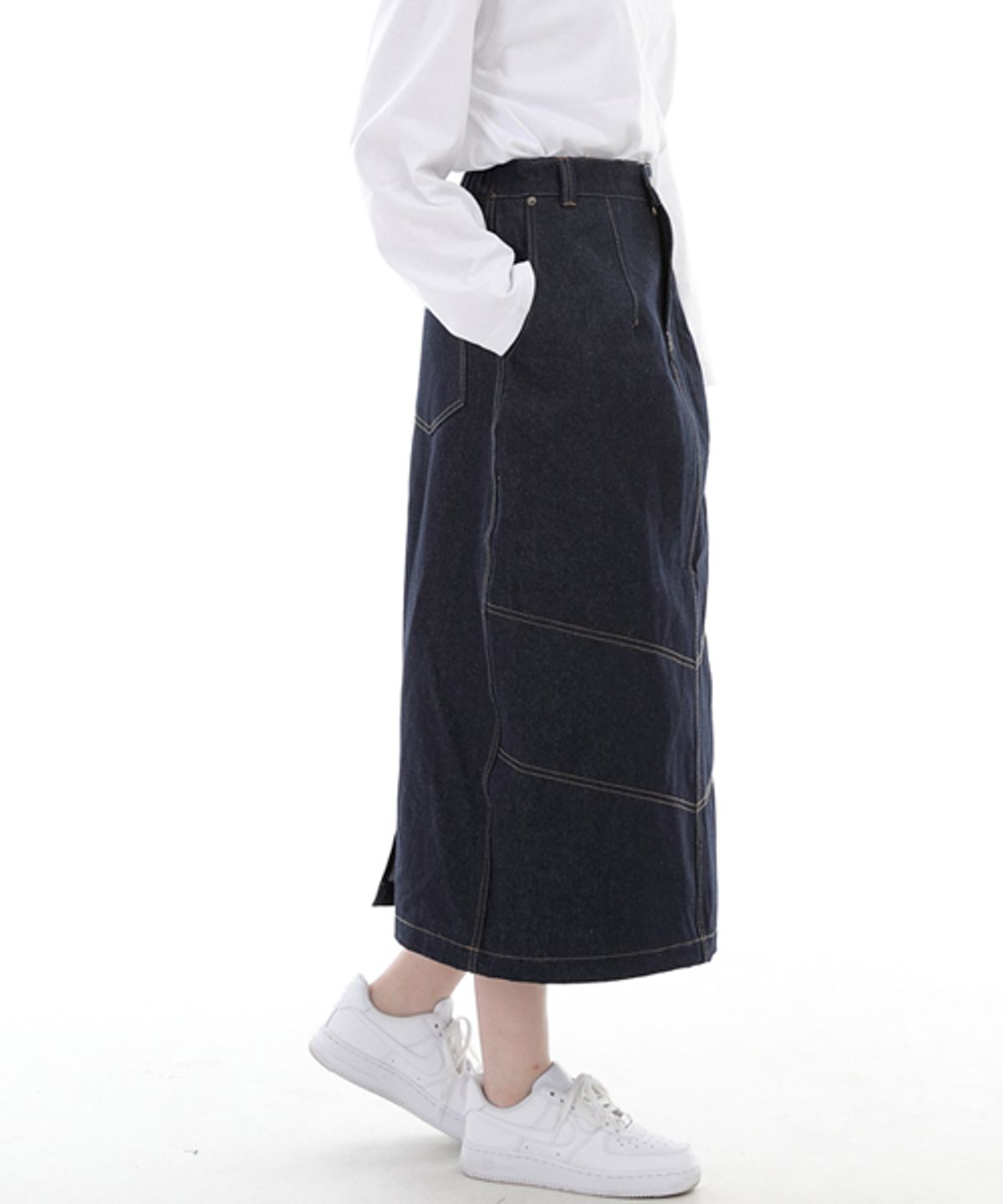 세인트크루(SAINTCREW) 와이드돔 하프밴드 롱스커트 WDH-1303 인디고 데님 BRS