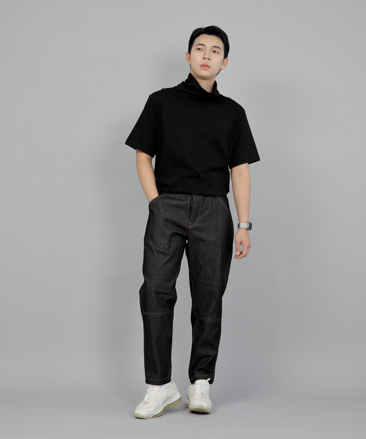 세인트크루(SAINTCREW) 테이퍼드 커팅크롭 하프밴드 팬츠 TCH-326  블랙 데님 BRS