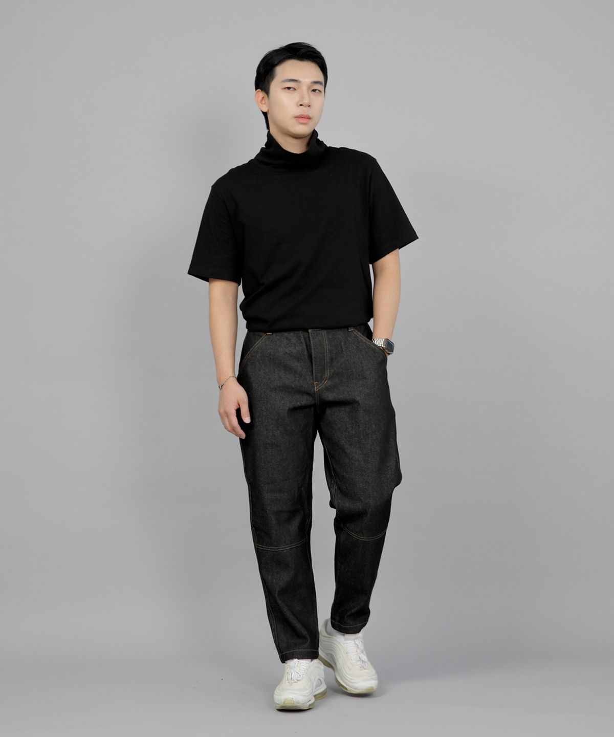 세인트크루(SAINTCREW) 테이퍼드 커팅크롭 하프밴드 팬츠 TCH-326  블랙 데님 BRS