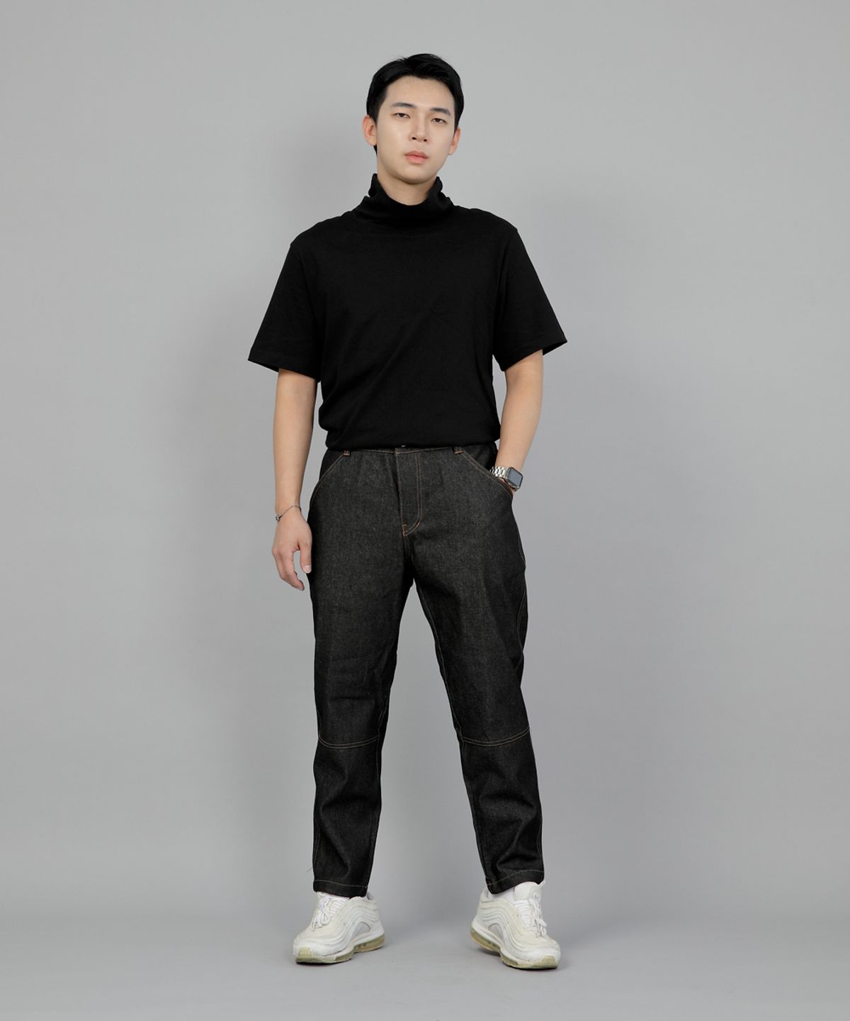 세인트크루(SAINTCREW) 테이퍼드 커팅크롭 하프밴드 팬츠 TCH-326  블랙 데님 BRS