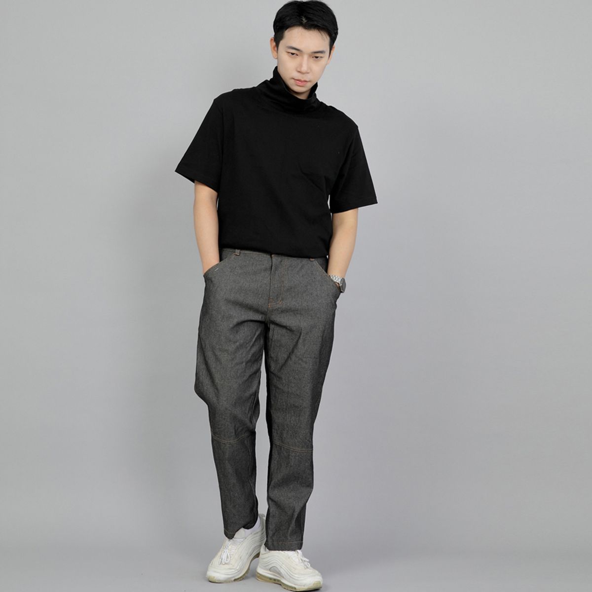 세인트크루(SAINTCREW) 와이드 커팅크롭 하프밴드 팬츠 WCH-327  그레이블랙 데님 BRS