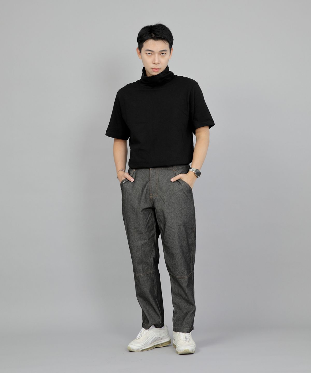 세인트크루(SAINTCREW) 와이드 커팅크롭 하프밴드 팬츠 WCH-327  그레이블랙 데님 BRS