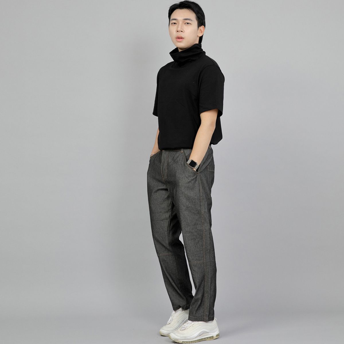 세인트크루(SAINTCREW) 와이드 커팅크롭 하프밴드 팬츠 WCH-327  그레이블랙 데님 BRS