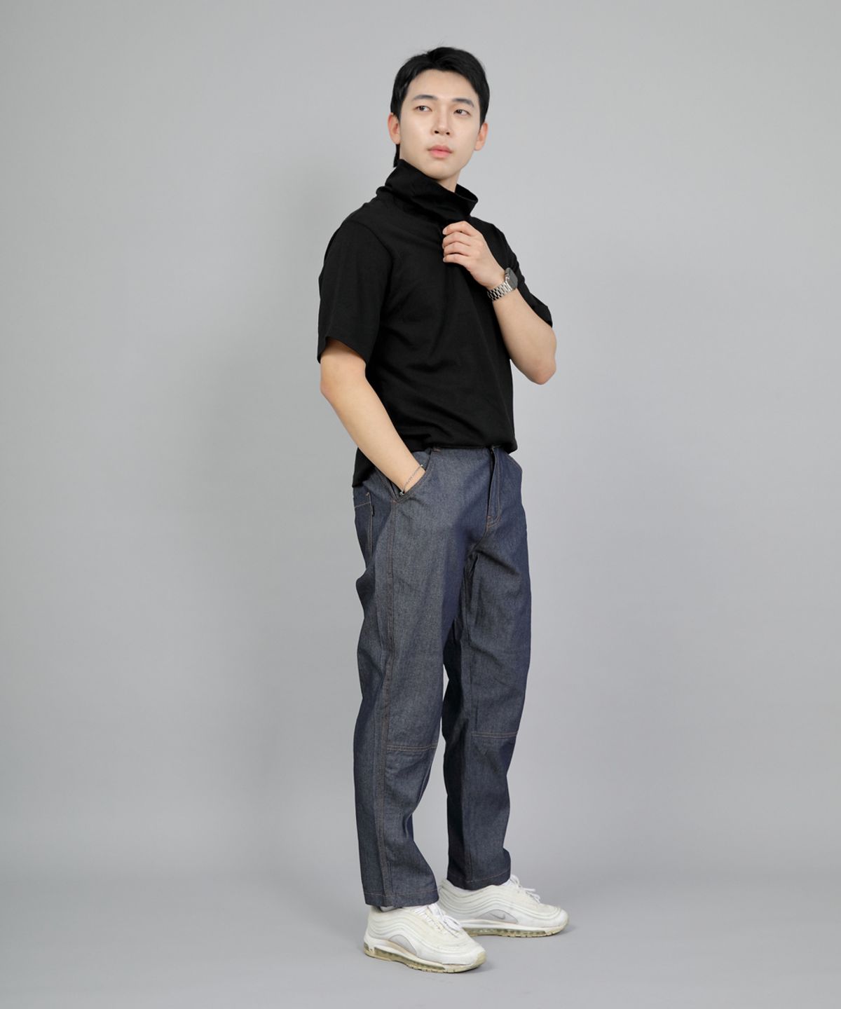 세인트크루(SAINTCREW) 와이드 커팅크롭 하프밴드 팬츠 WCH-327  라이트 인디고 데님 BRS