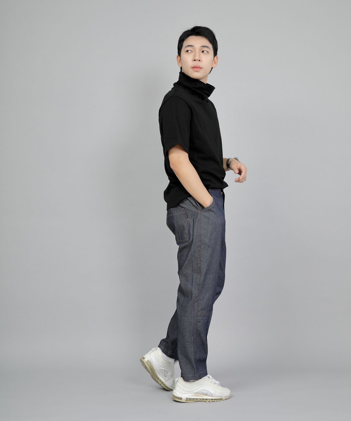 세인트크루(SAINTCREW) 와이드 커팅크롭 하프밴드 팬츠 WCH-327  라이트 인디고 데님 BRS
