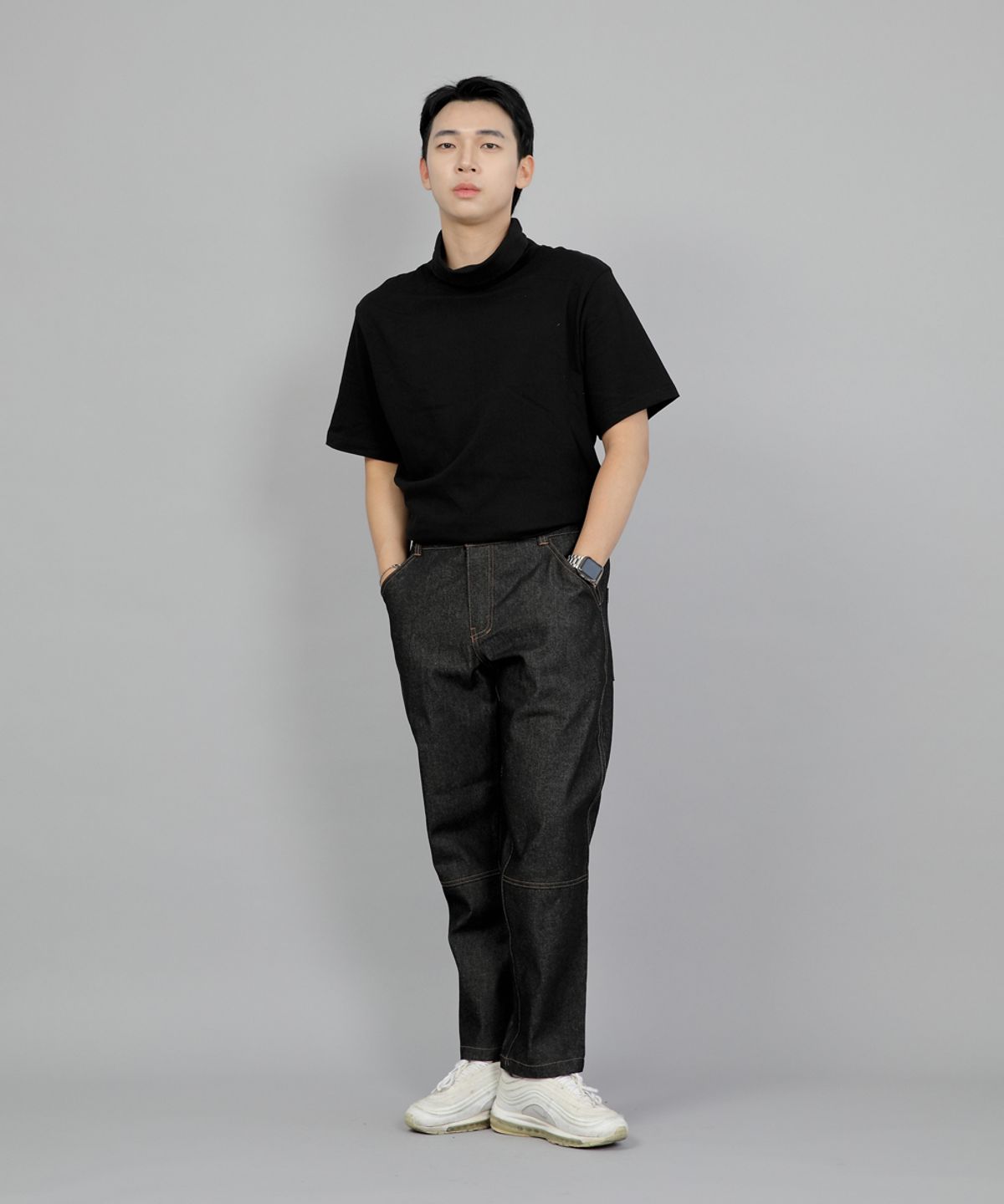 세인트크루(SAINTCREW) 와이드 커팅크롭 하프밴드 팬츠 WCH-327  블랙 데님 BRS