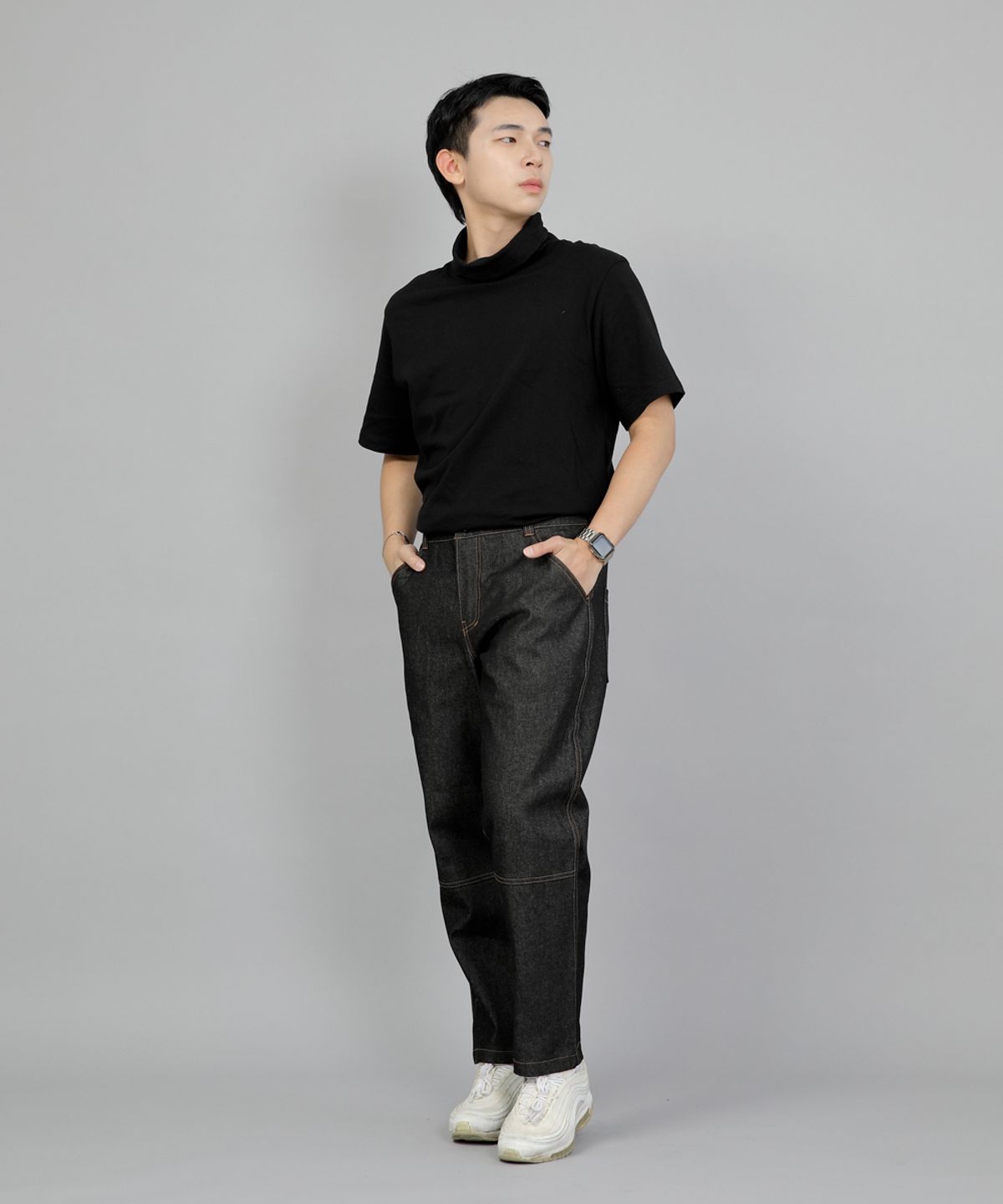 세인트크루(SAINTCREW) 와이드 커팅크롭 하프밴드 팬츠 WCH-327  블랙 데님 BRS