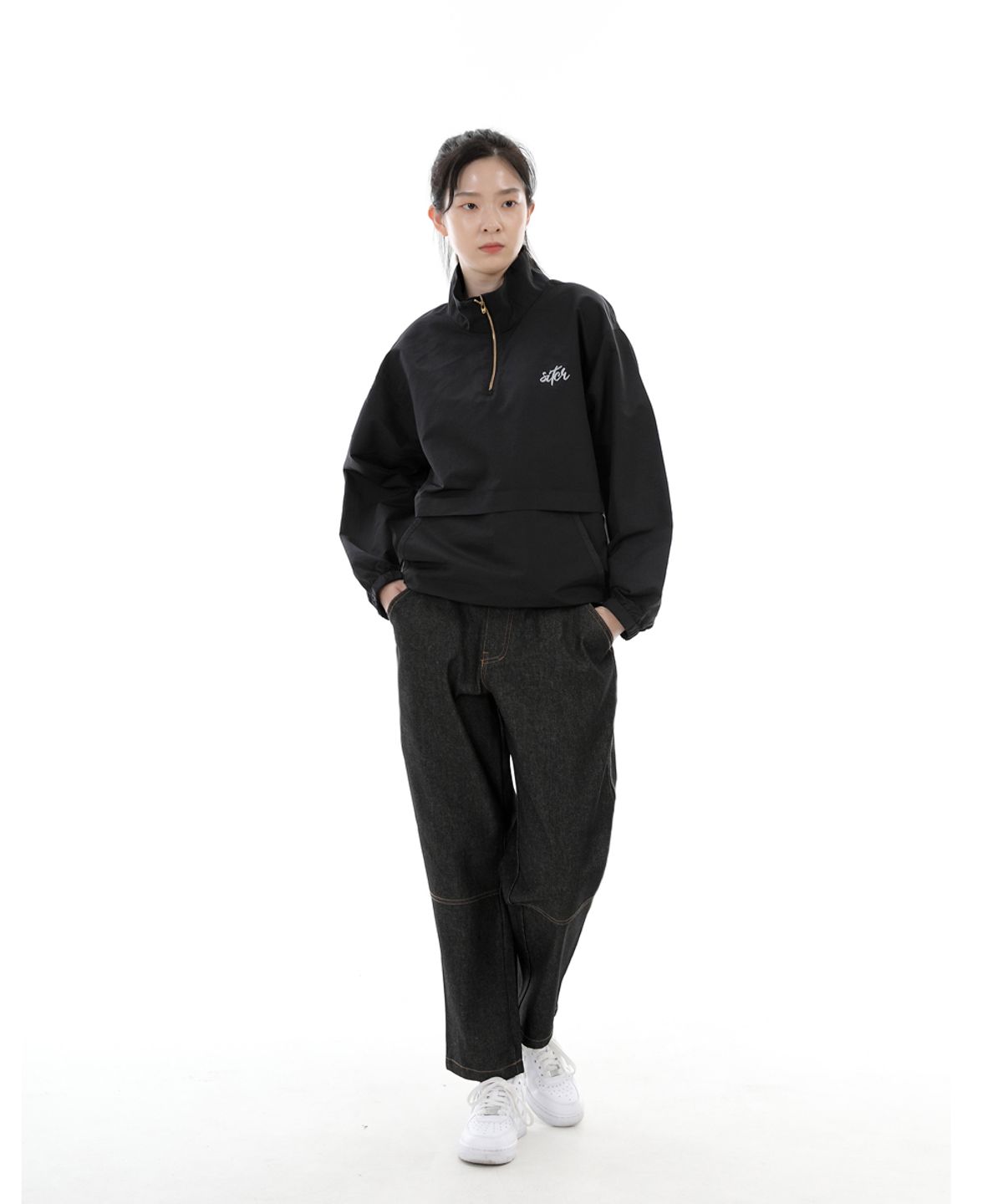 세인트크루(SAINTCREW) 와이드 커팅크롭 하프밴드 팬츠 WCH-327  블랙 데님 BRS