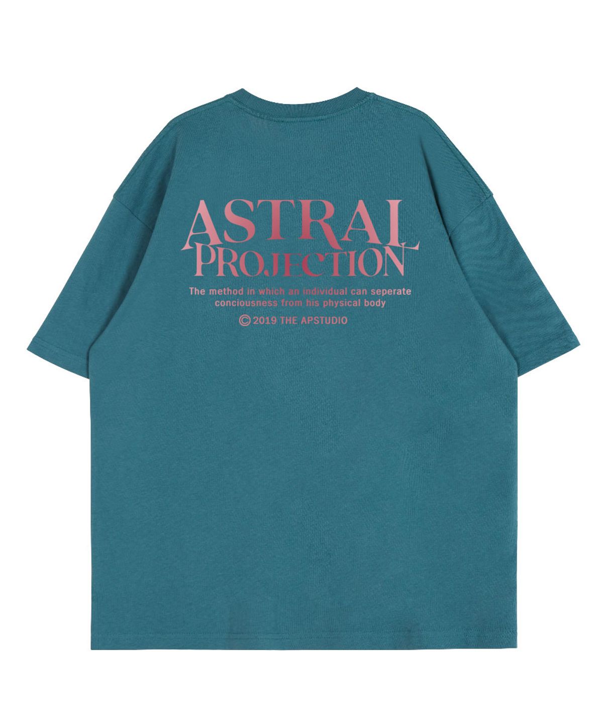아스트랄 프로젝션(ASTRAL PROJECTION) 그라데이션 레터링 라운드 넥 15수 면 반팔 티셔츠_블루그린