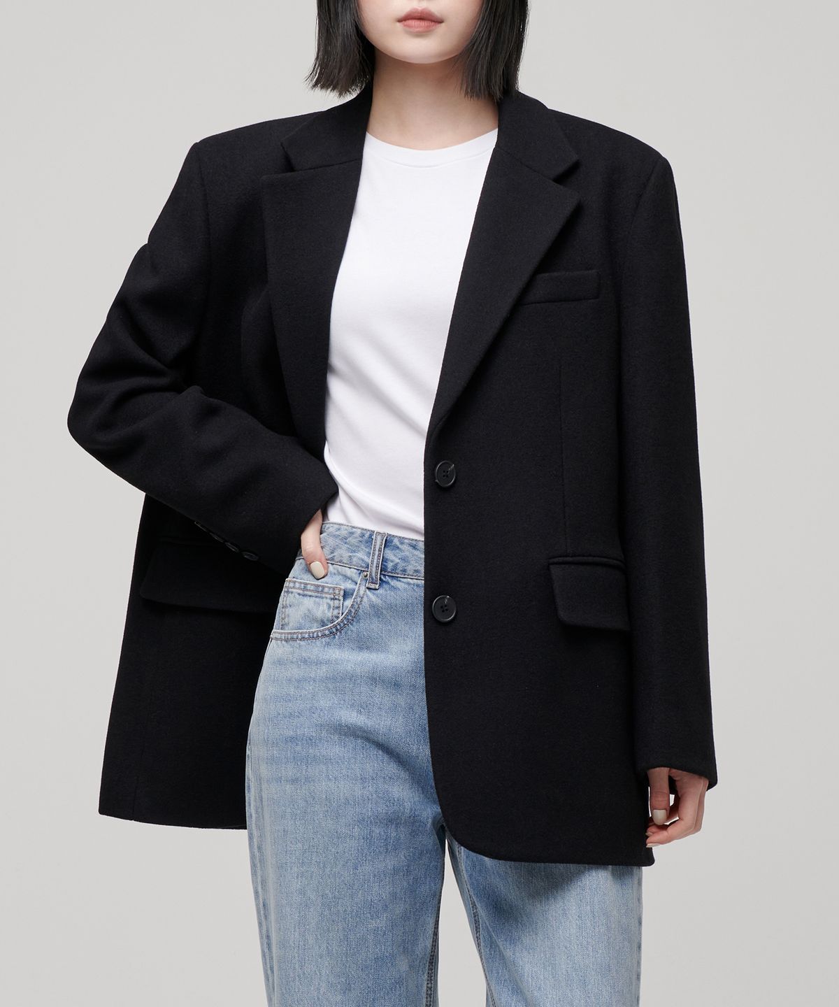 무신사 스탠다드 우먼(MUSINSA STANDARD WOMAN) 우먼즈 울 블렌드 멜톤 오버 숄더 블레이저 [블랙]