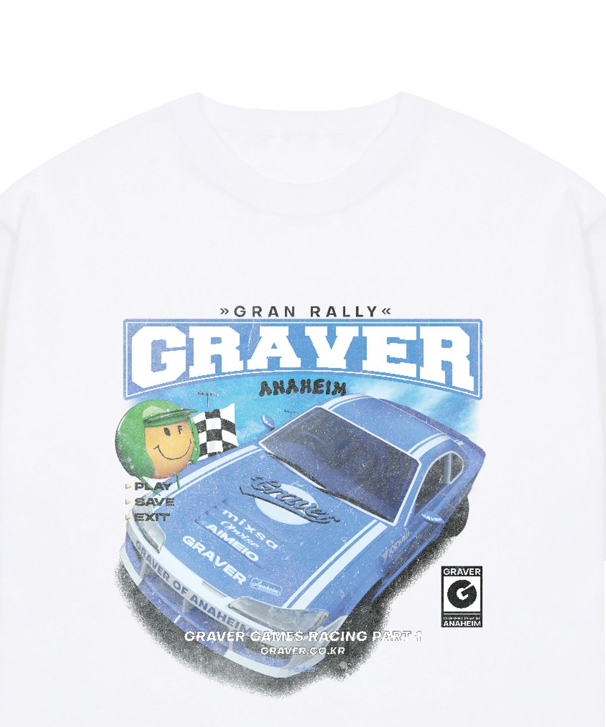그레이버(GRAVER) [UNISEX]블루 레이싱 스마일 반팔티_화이트