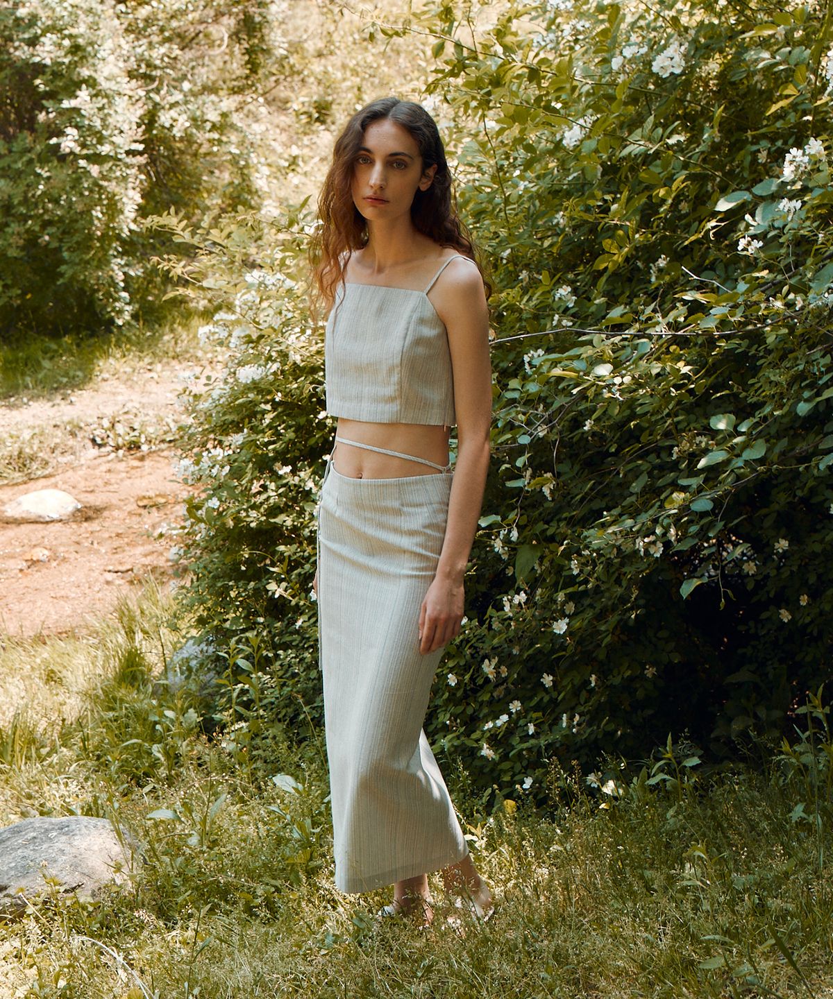 리이(RE RHEE) WAIST STRAP LINEN BLEND MIDI SKIRT