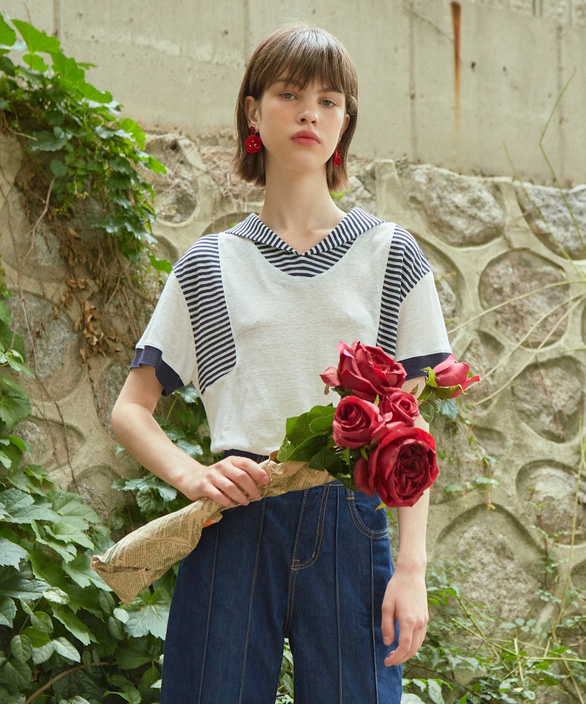 바이탈싸인(VITALSIGN) [LINE] Stripe Sailor Collar T-shirt