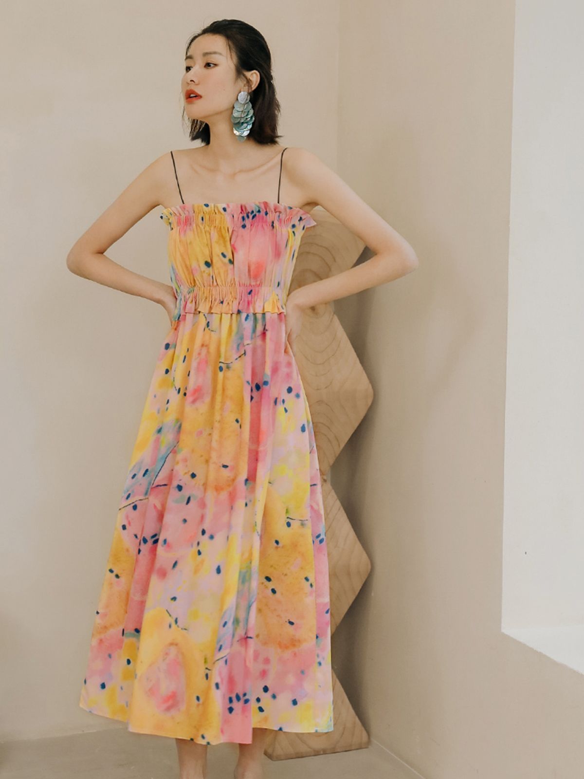 랭썬(LANGSON) LS shoulder tube top dress_orange pink