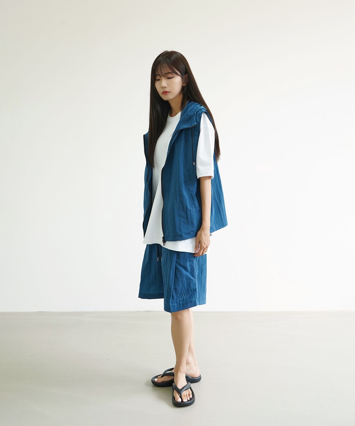 슬로우 레코드 하우스(SLOW RECORD HOUSE) 나일론 후드 베스트_메탈 블루
