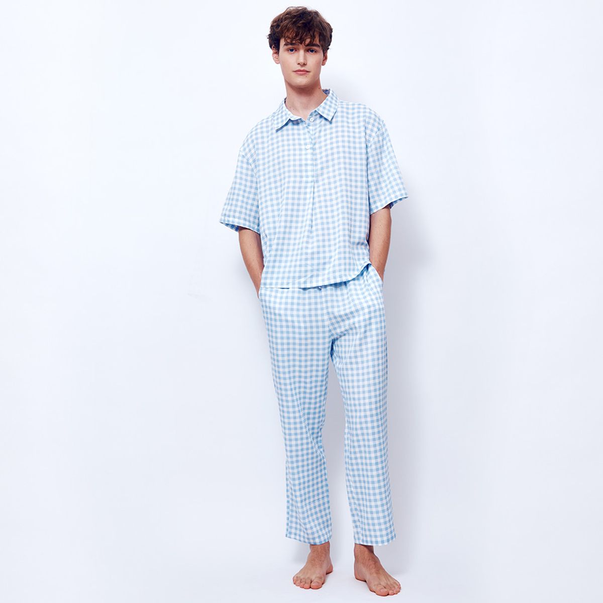 선데이라운지(SUNDAYLOUNGE) 남녀공용 라일락블루 체크 라운지웨어 숏세트 SJMBB701-LB