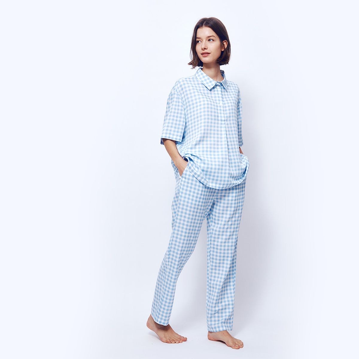 선데이라운지(SUNDAYLOUNGE) 남녀공용 라일락블루 체크 라운지웨어 숏세트 SJMBB701-LB