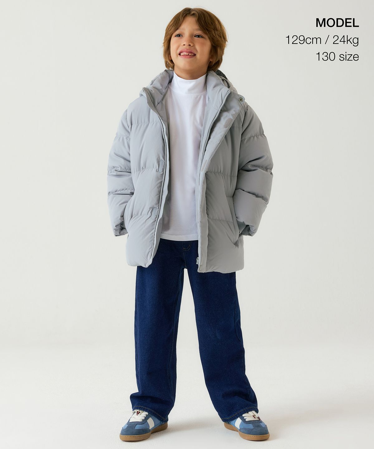 무신사 스탠다드 키즈(MUSINSA STANDARD KIDS) 후디드 다운 푸퍼 숏 패딩 재킷 [라이트 그레이]