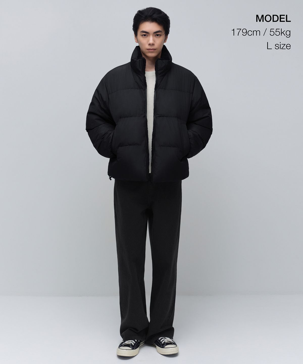 무신사 스탠다드(MUSINSA STANDARD) 데일리 푸퍼 리버서블 플리스 숏 패딩 재킷 [블랙/블랙]