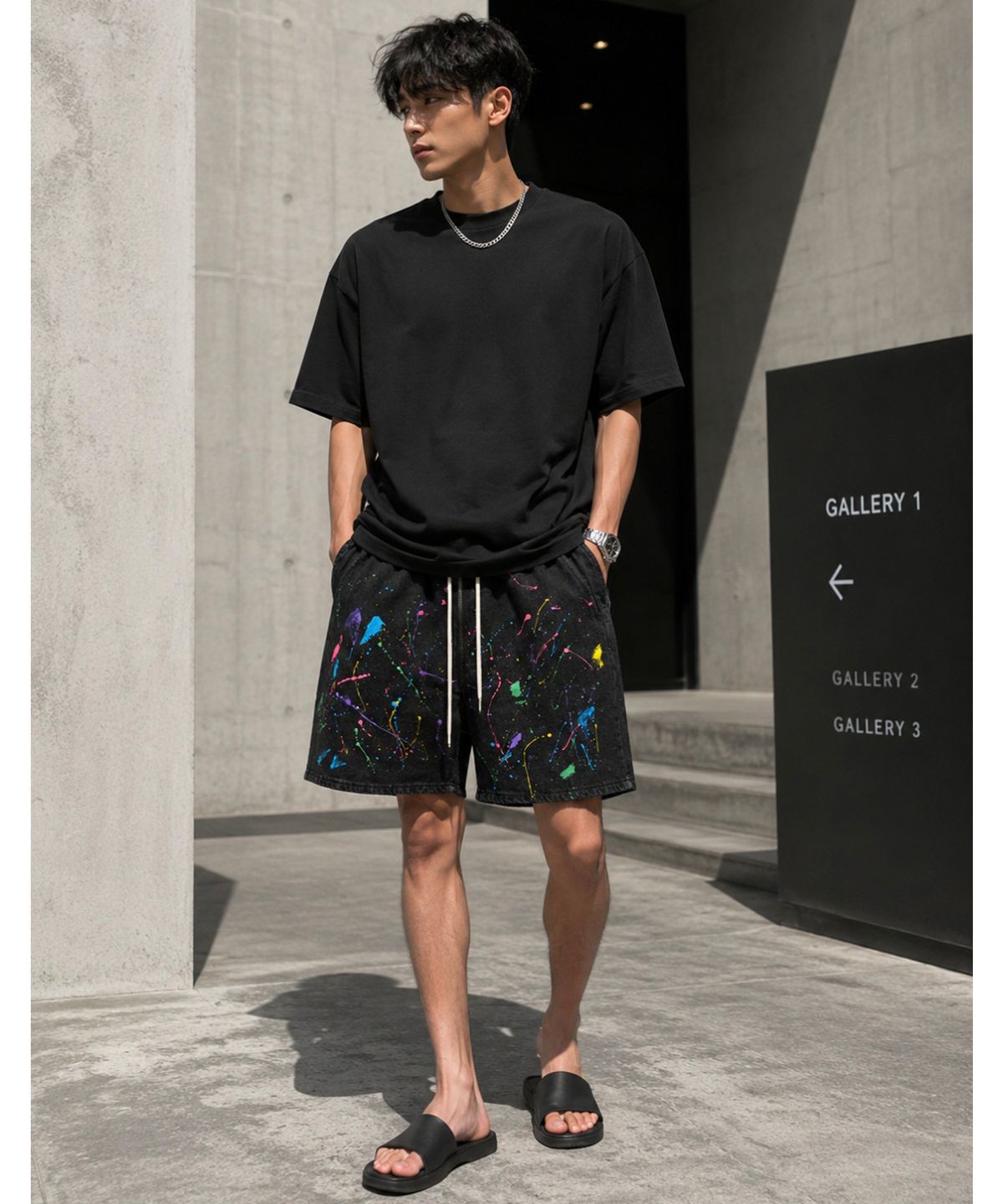 스트라이크(STRIKE) Graffiti Art Black Denim Shorts (RELAX)