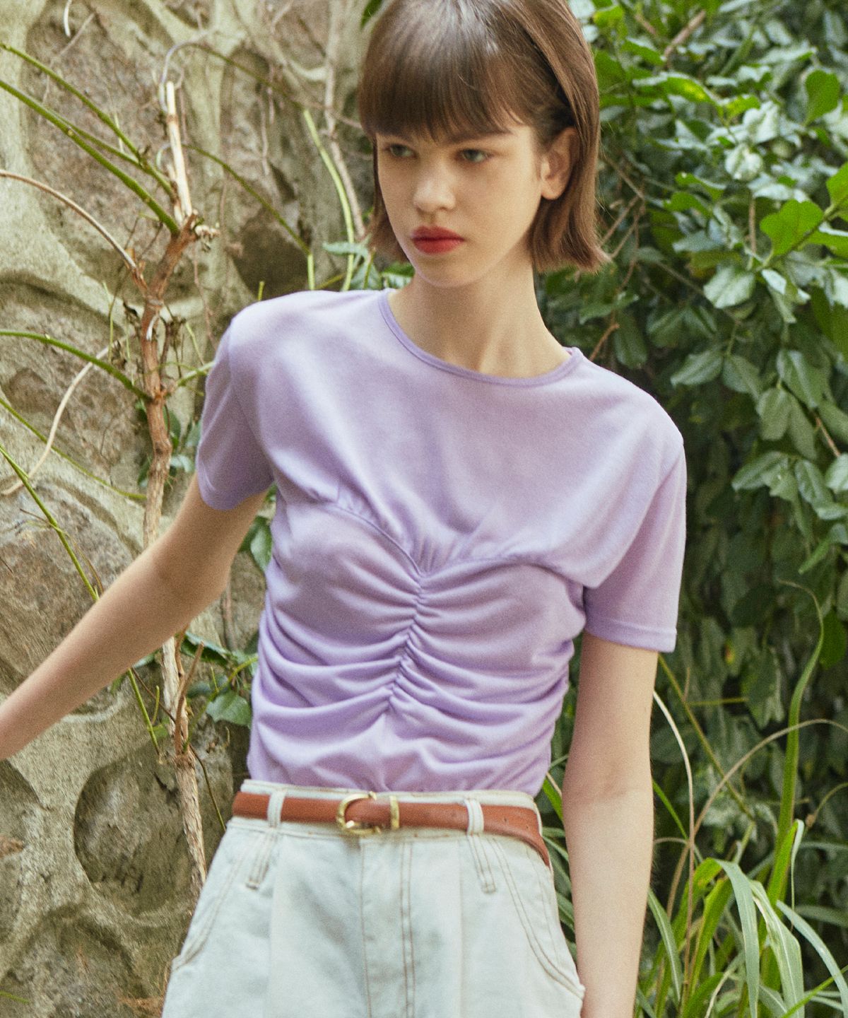 바이탈싸인(VITALSIGN) [LINE] Shirring Top Layered T-Shirt (Lavender)