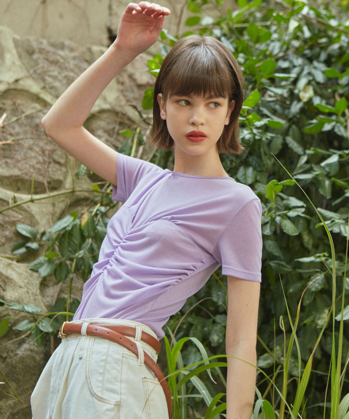 바이탈싸인(VITALSIGN) [LINE] Shirring Top Layered T-Shirt (Lavender)