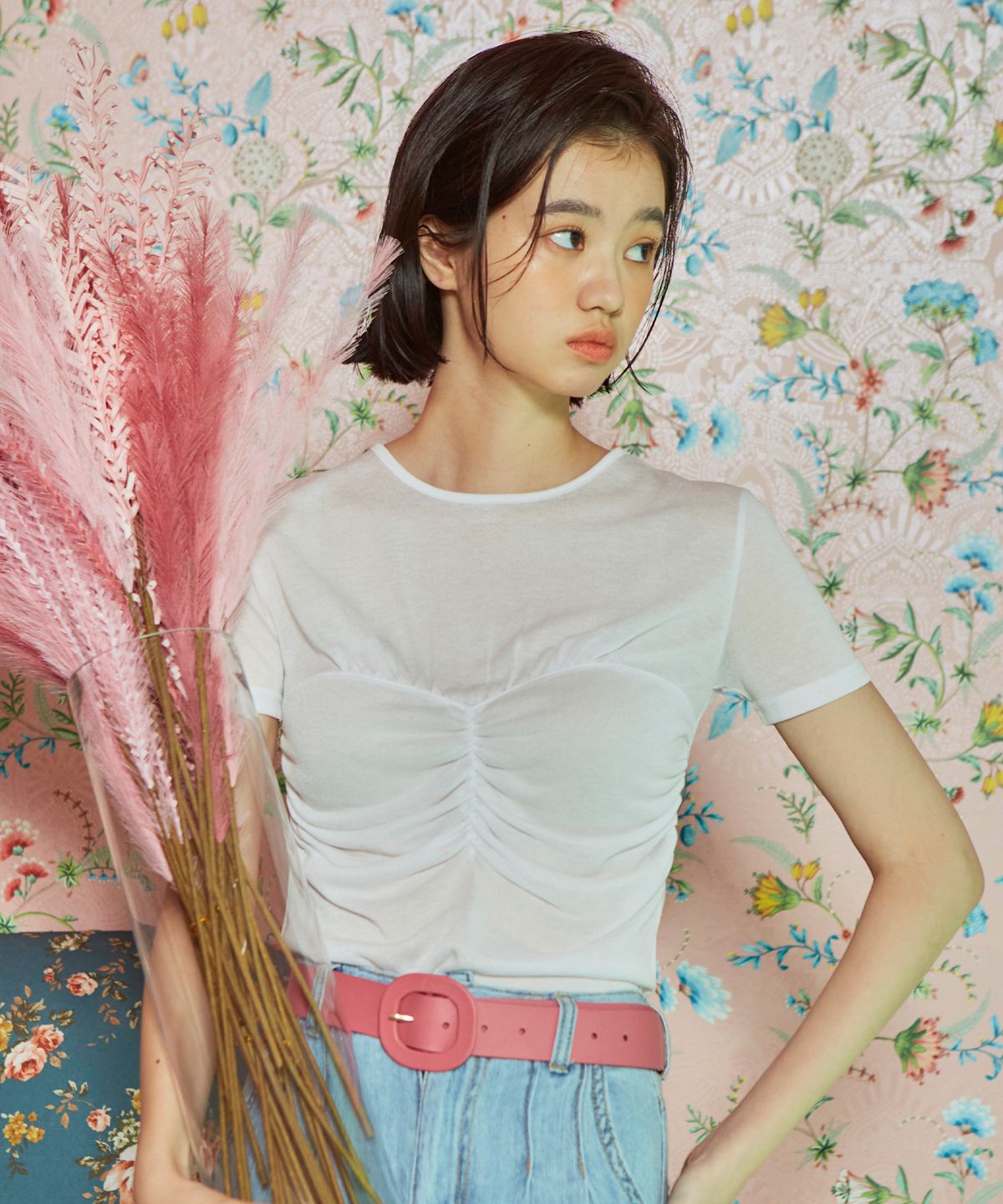 바이탈싸인(VITALSIGN) [LINE] Shirring Top Layered T-Shirt (Ivory)