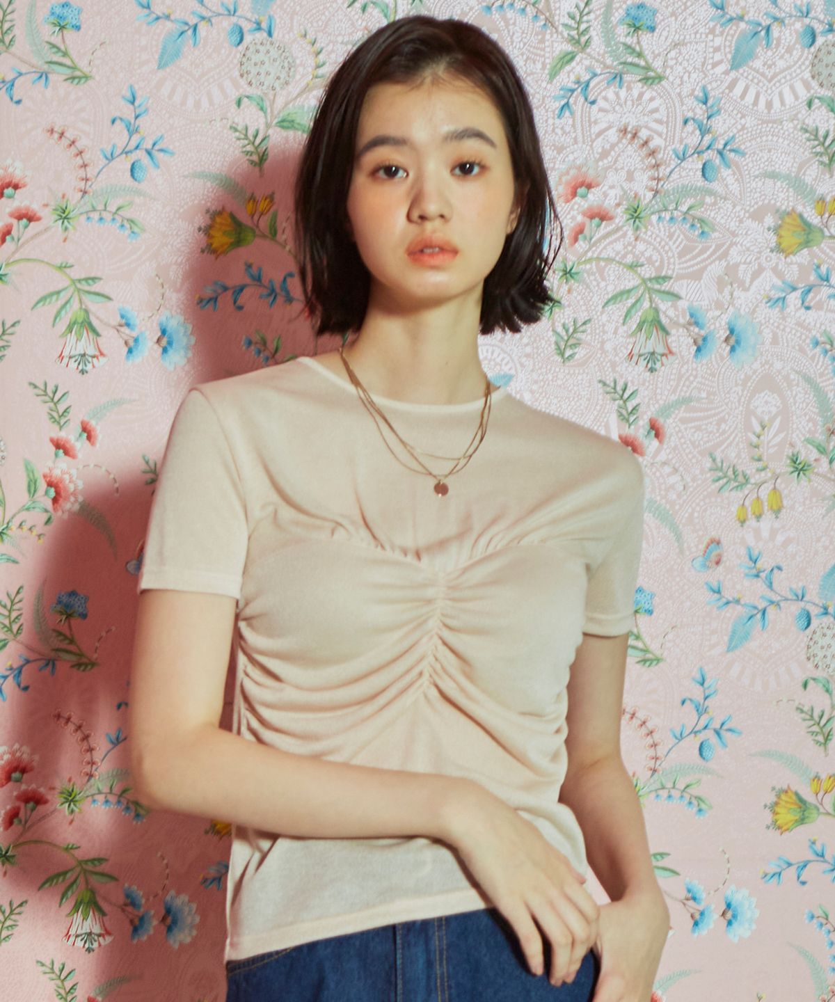 바이탈싸인(VITALSIGN) [LINE] Shirring Top Layered T-Shirt (Beige)