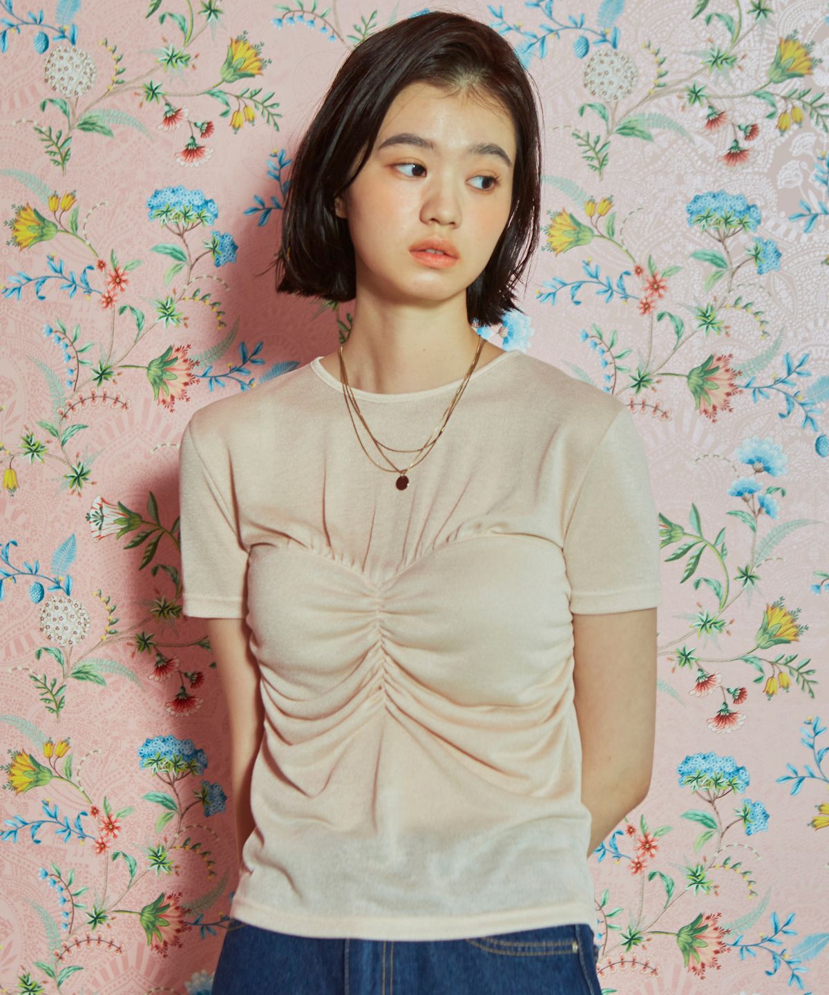 바이탈싸인(VITALSIGN) [LINE] Shirring Top Layered T-Shirt (Beige)