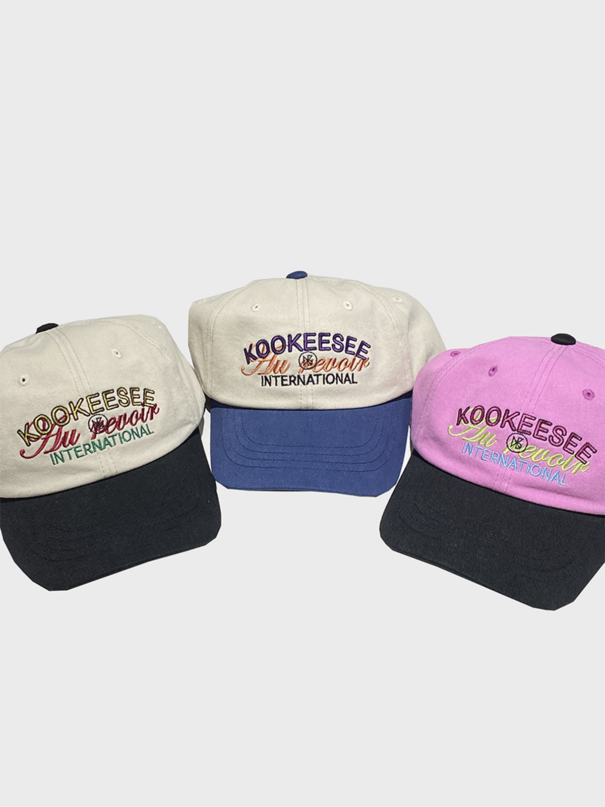 쿠키시(KOOKEESEE) 투톤배색 빈티지 워싱 자수 볼캡  (연베이지/네이비)