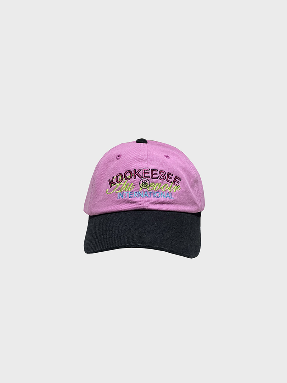 쿠키시(KOOKEESEE) 투톤배색 빈티지 워싱 자수 볼캡  (핑크/블랙)