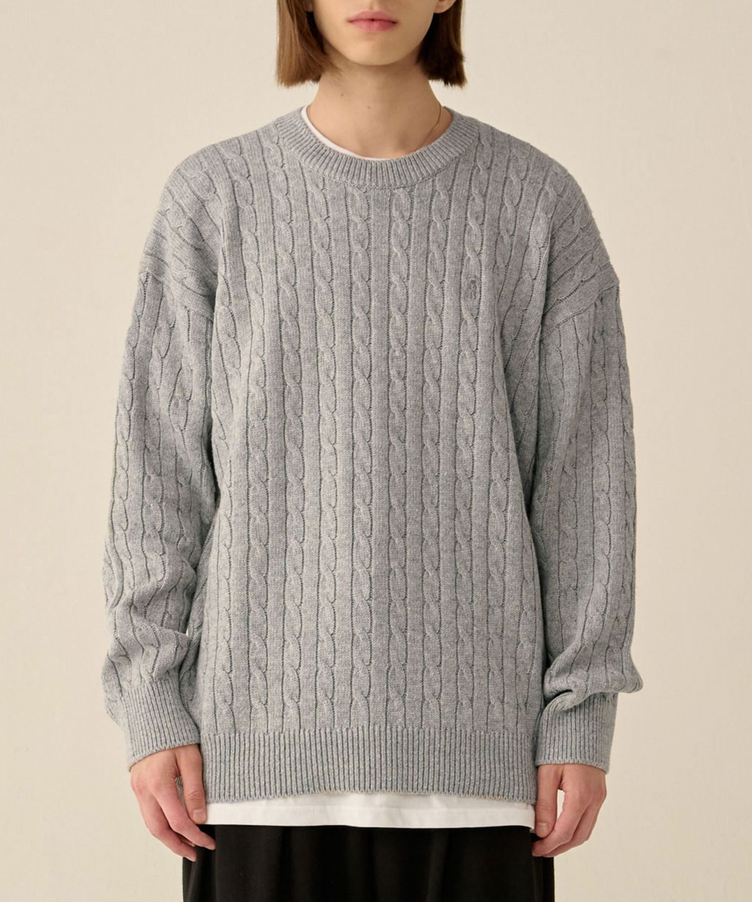 MUSINSA | TAKEASY Solid Cable Loose-fit Knit Sweater (Melange Gray)