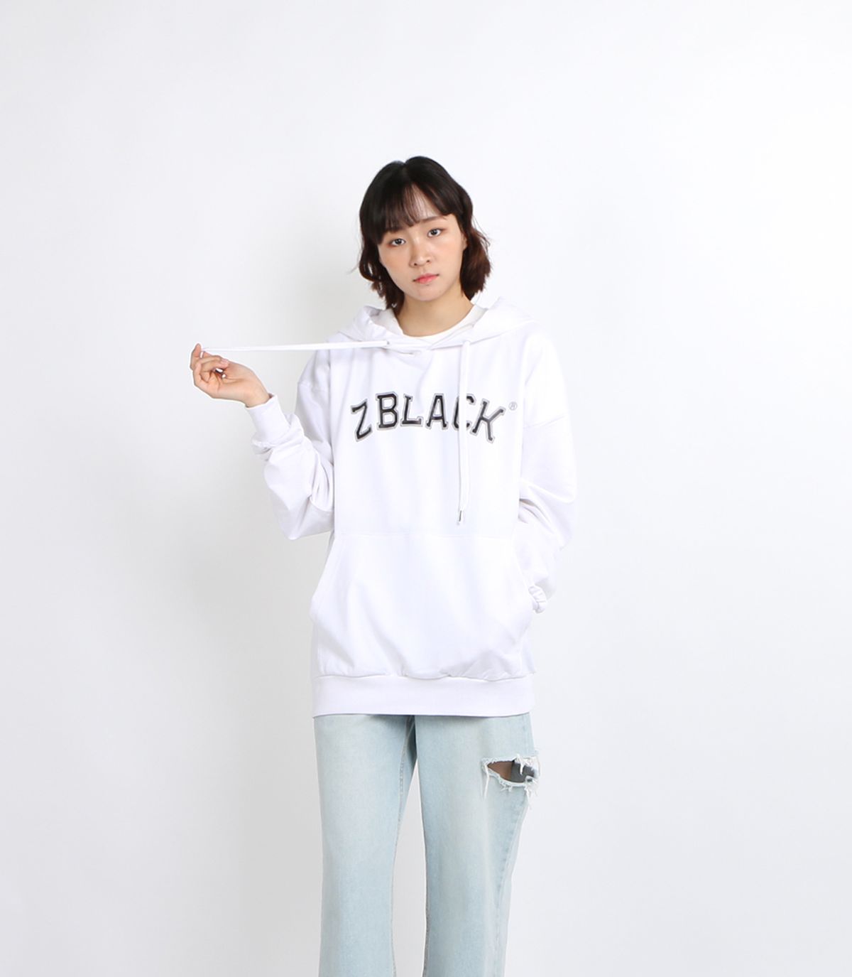 지블랙(ZBLACK) 100% 오가닉 코튼 아플리케이형 아치버전 후드 (White)