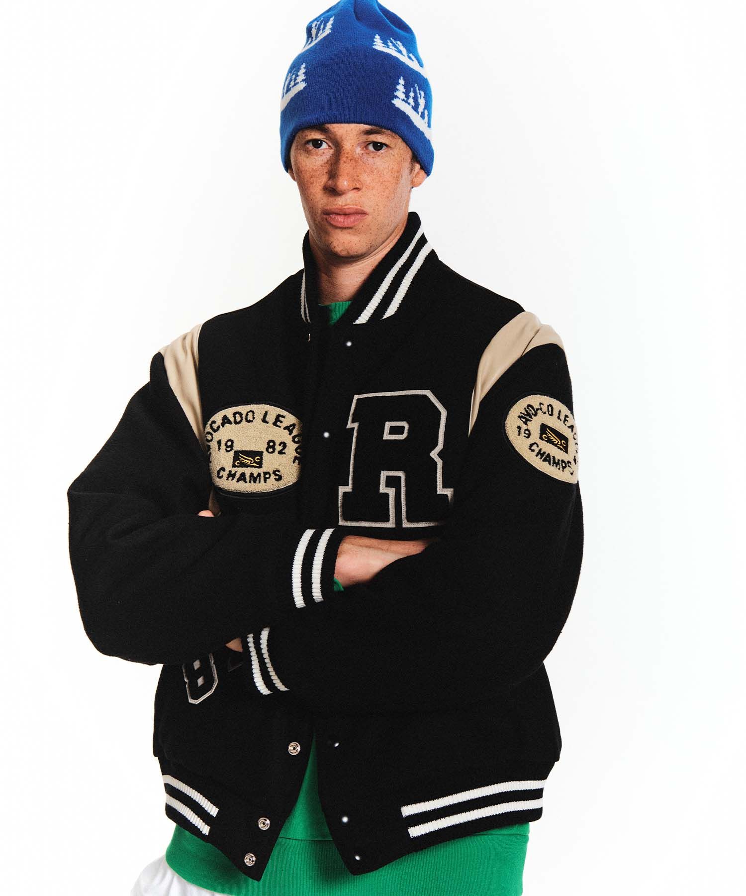MUSINSA | RETRIEVER CLUB BIG R LOGO PATCH STADIUM JACKET [BLACK]