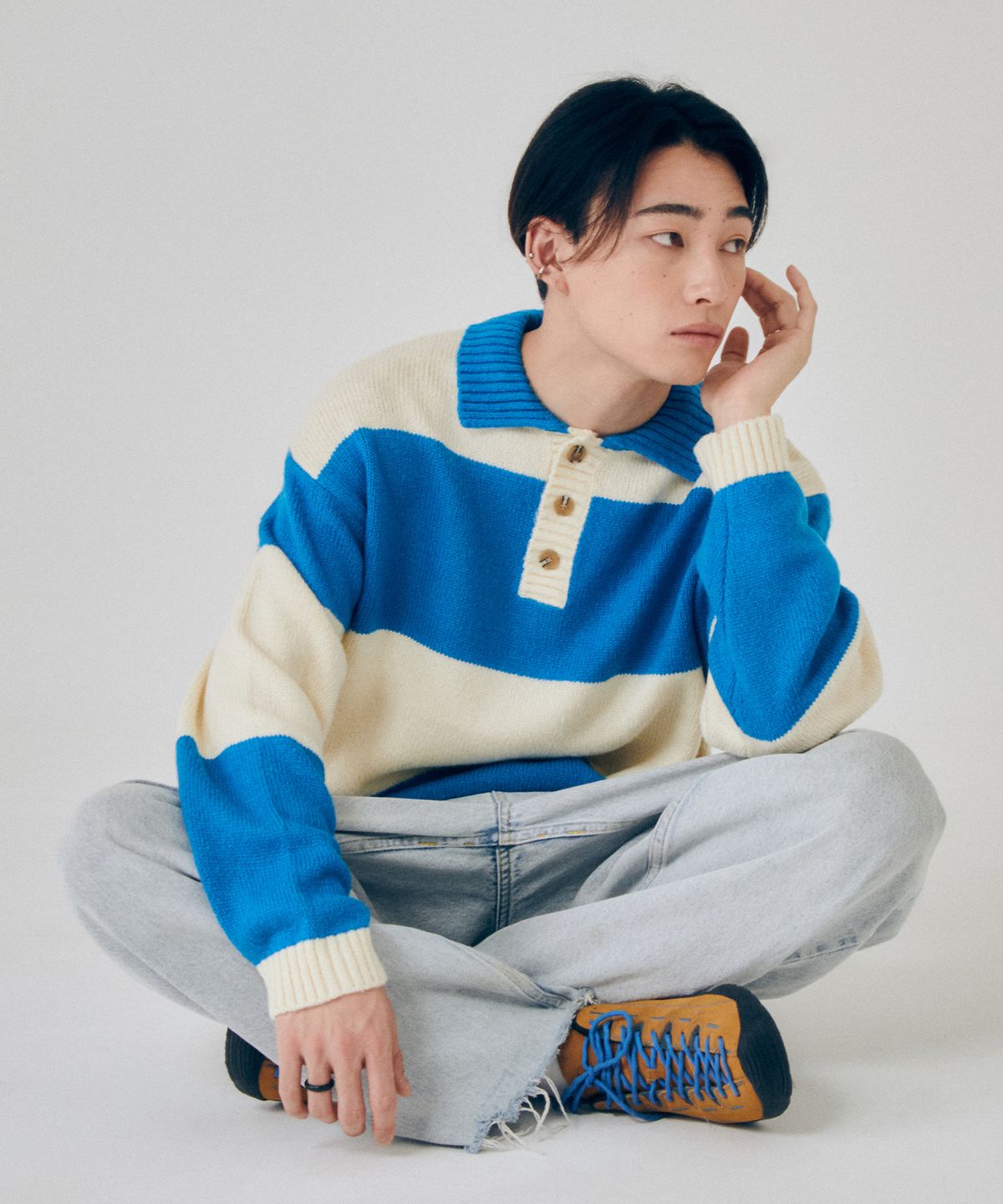비전스트릿웨어(VISION STREETWEAR) VSW Washable Stripe Polo Knit Blue