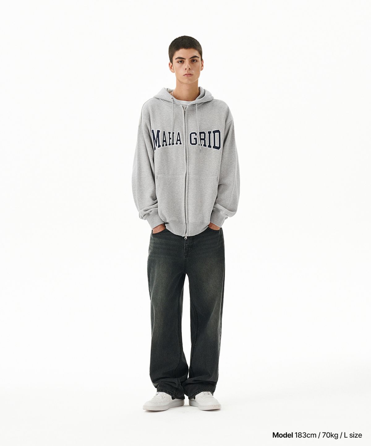 마하그리드(MAHAGRID) APPLIQUE ZIP UP HOODIE GREY(MG2CFMM428A)