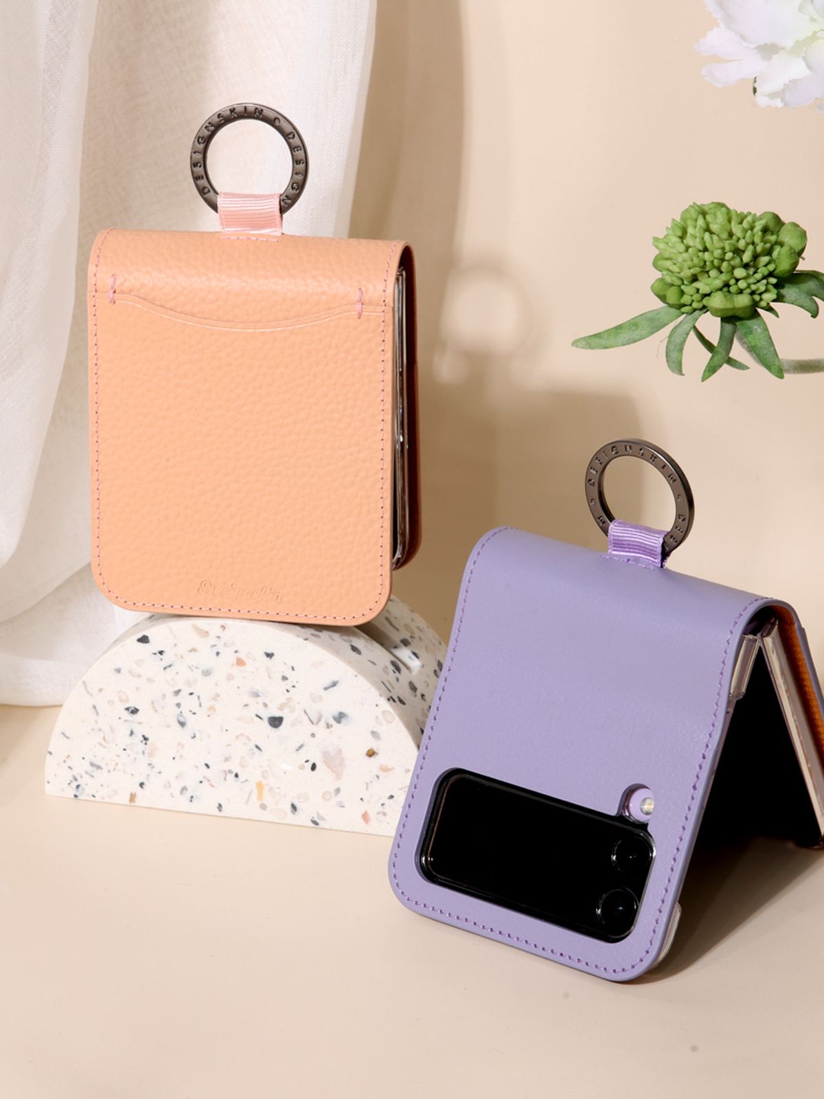 디자인스킨(DESIGNSKIN) 갤럭시Z플립4 링 그립 가죽 카드포켓 케이스-라이트 핑크
