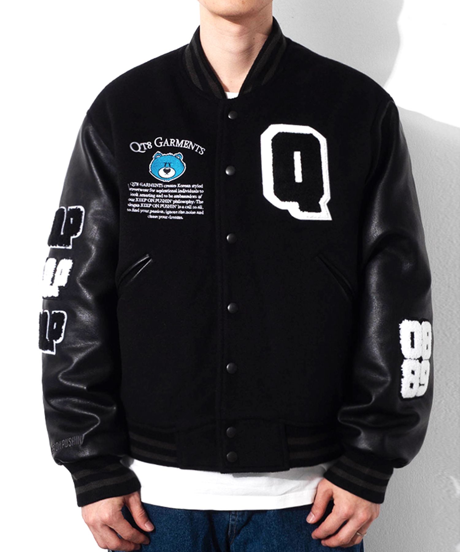 ジャケット・アウター mmm MUSINSA公式 | QT8 GARMENTS MH Rough Bear Varsity Jacket (Black)