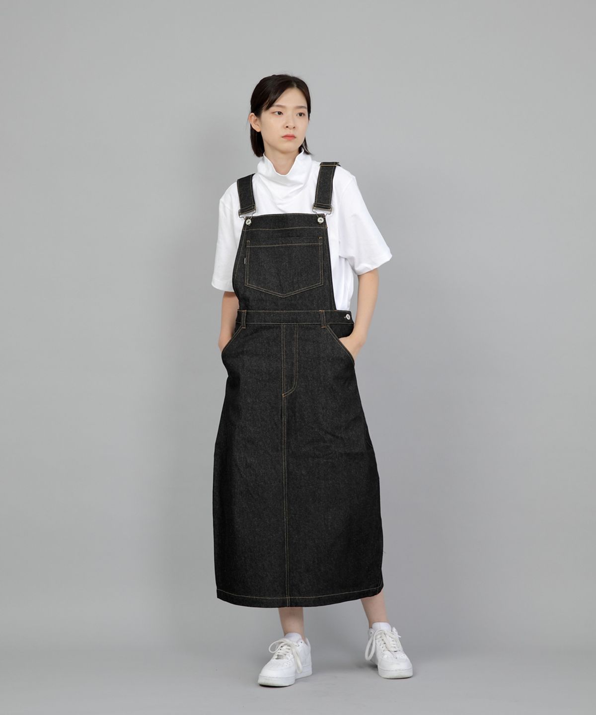 세인트크루(SAINTCREW) 와이드돔 오버롤 스커트 WDS-611 블랙 데님 BRS