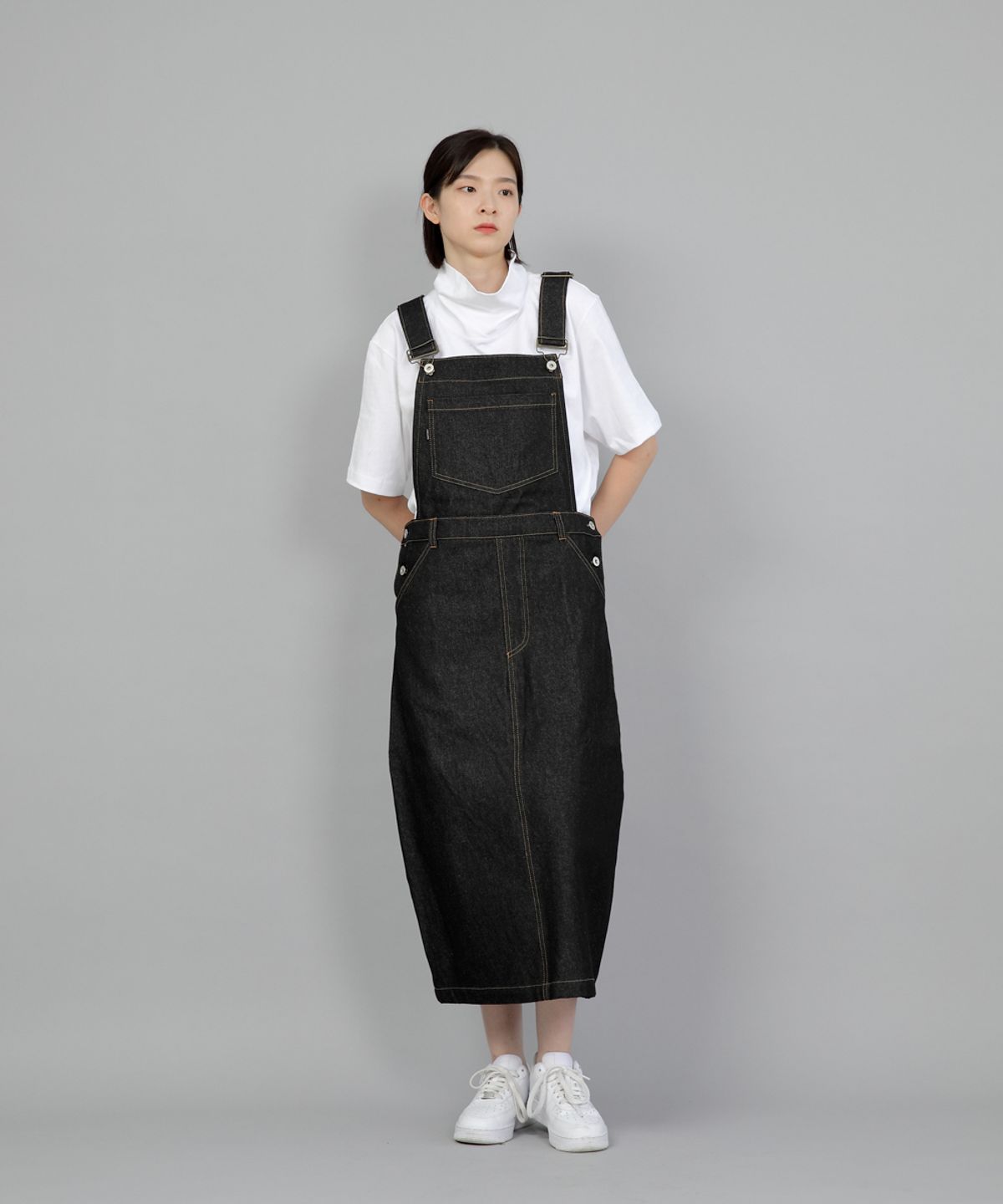 세인트크루(SAINTCREW) 와이드돔 오버롤 스커트 WDS-611 블랙 데님 BRS