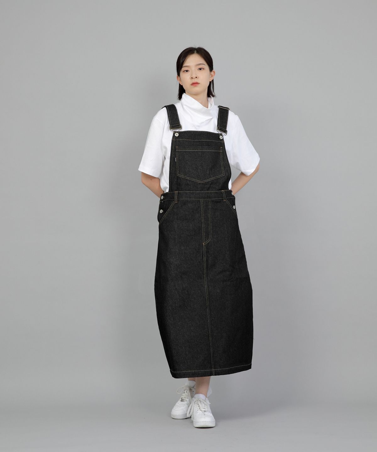 세인트크루(SAINTCREW) 와이드돔 오버롤 스커트 WDS-611 블랙 데님 BRS