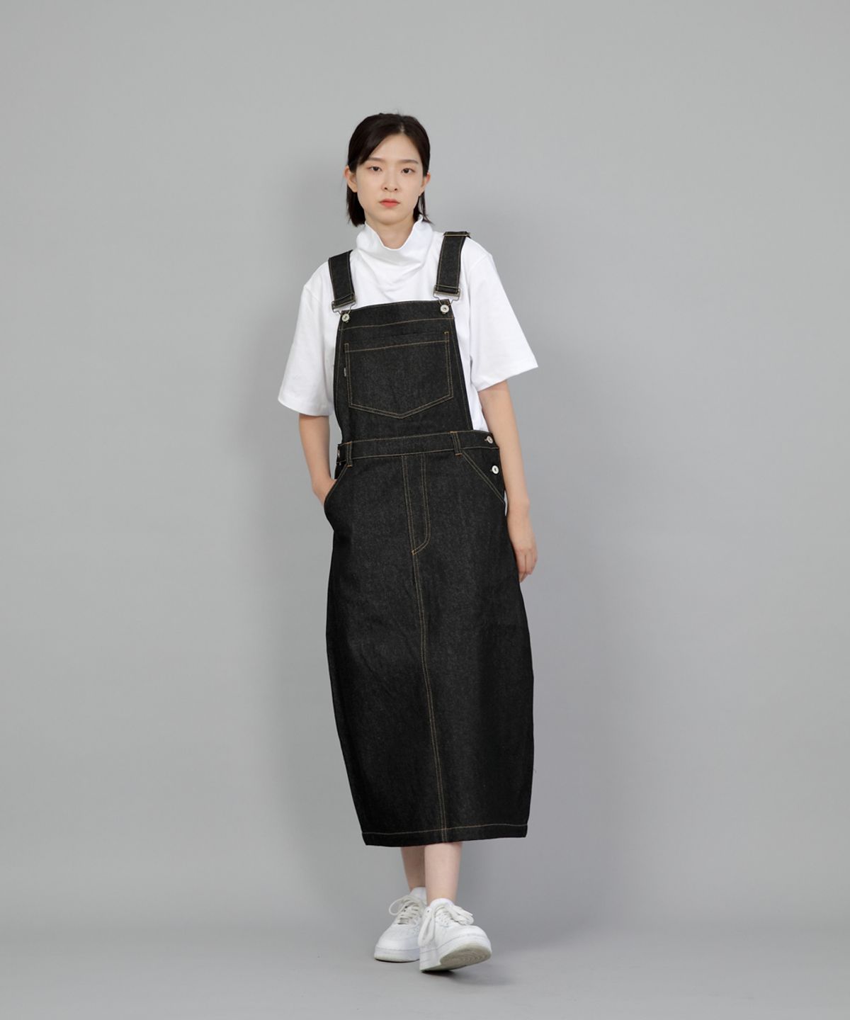 세인트크루(SAINTCREW) 와이드돔 오버롤 스커트 WDS-611 블랙 데님 BRS